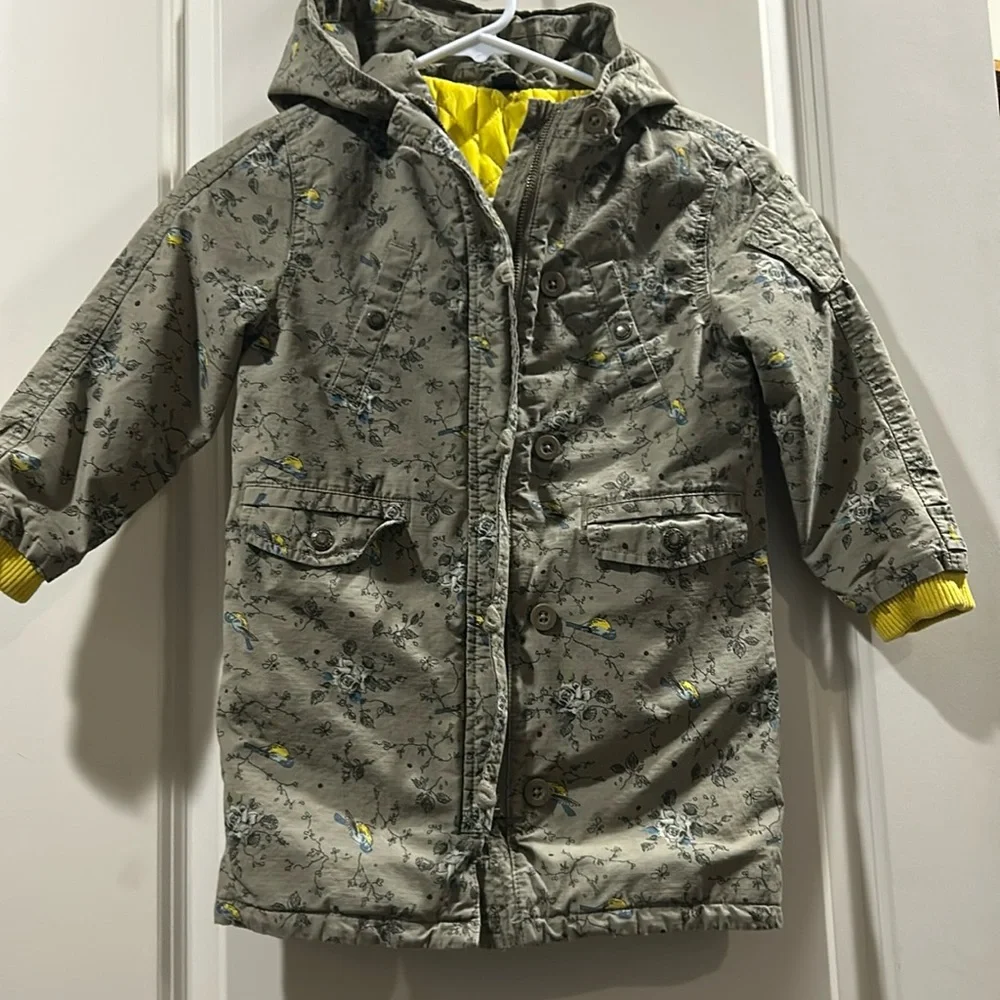 Baby Gap ZipUp Parka Jacket Coat w/hood loop buttons bird floral print lined 5T